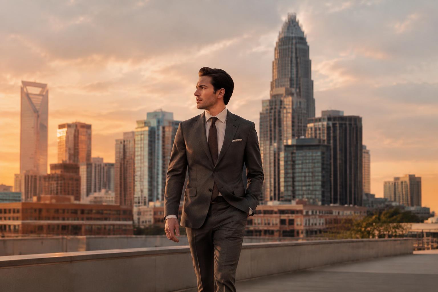 Man in a charcoal custom suit in front of the Charlotte, NC skyline