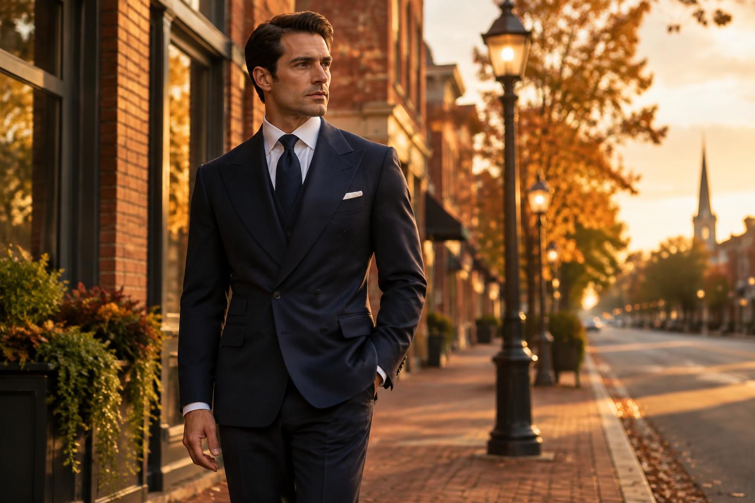 Man in a midnight navy bespoke suit on a historic downtown street at golden hour near Fayetteville, NC