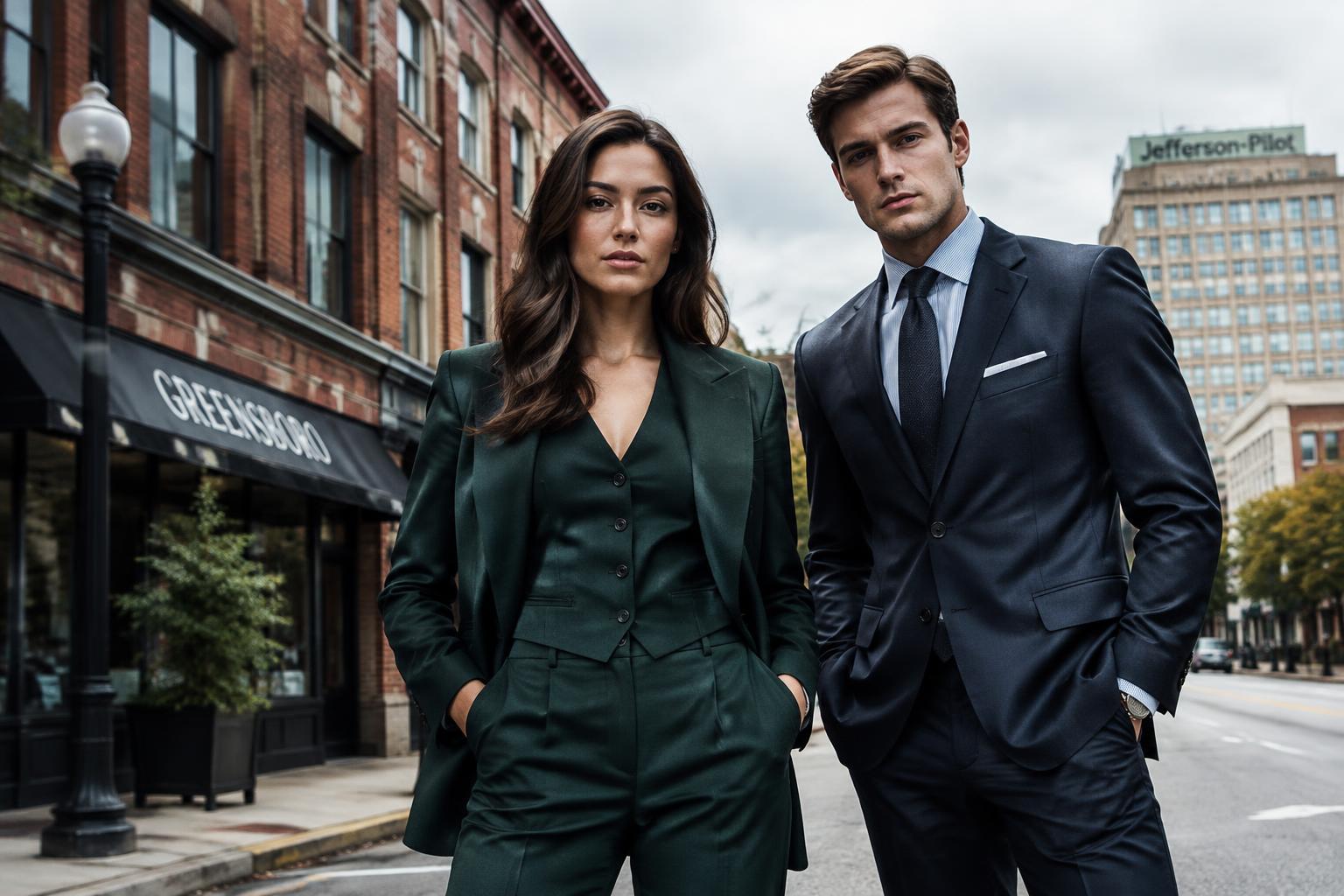 Woman and man in bespoke suits on a downtown Greensboro, NC street